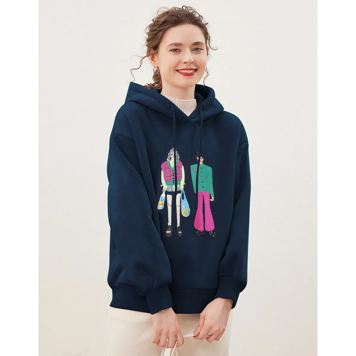 LOUIS YAO 2024 Winter Collection with Velvet Thickened Hoodie Women's Hoodie Cartoon Character Pattern Long Sleeve Top