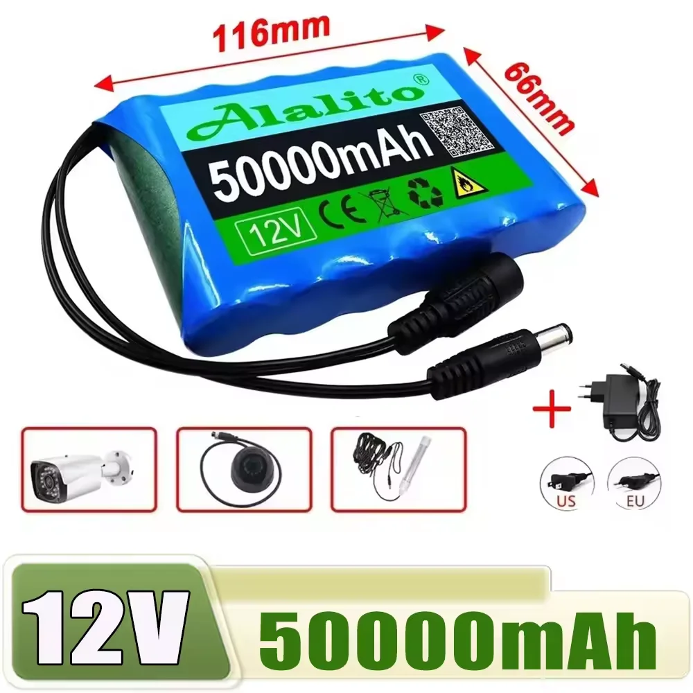 Original Lithium-Ionen-Akku 18650 3S2P 12V 50000mAh DC 12,6V 50Ah wiederaufladbar für CCTV, Kameraüberwachung, Ersatzakku + Ladegerät