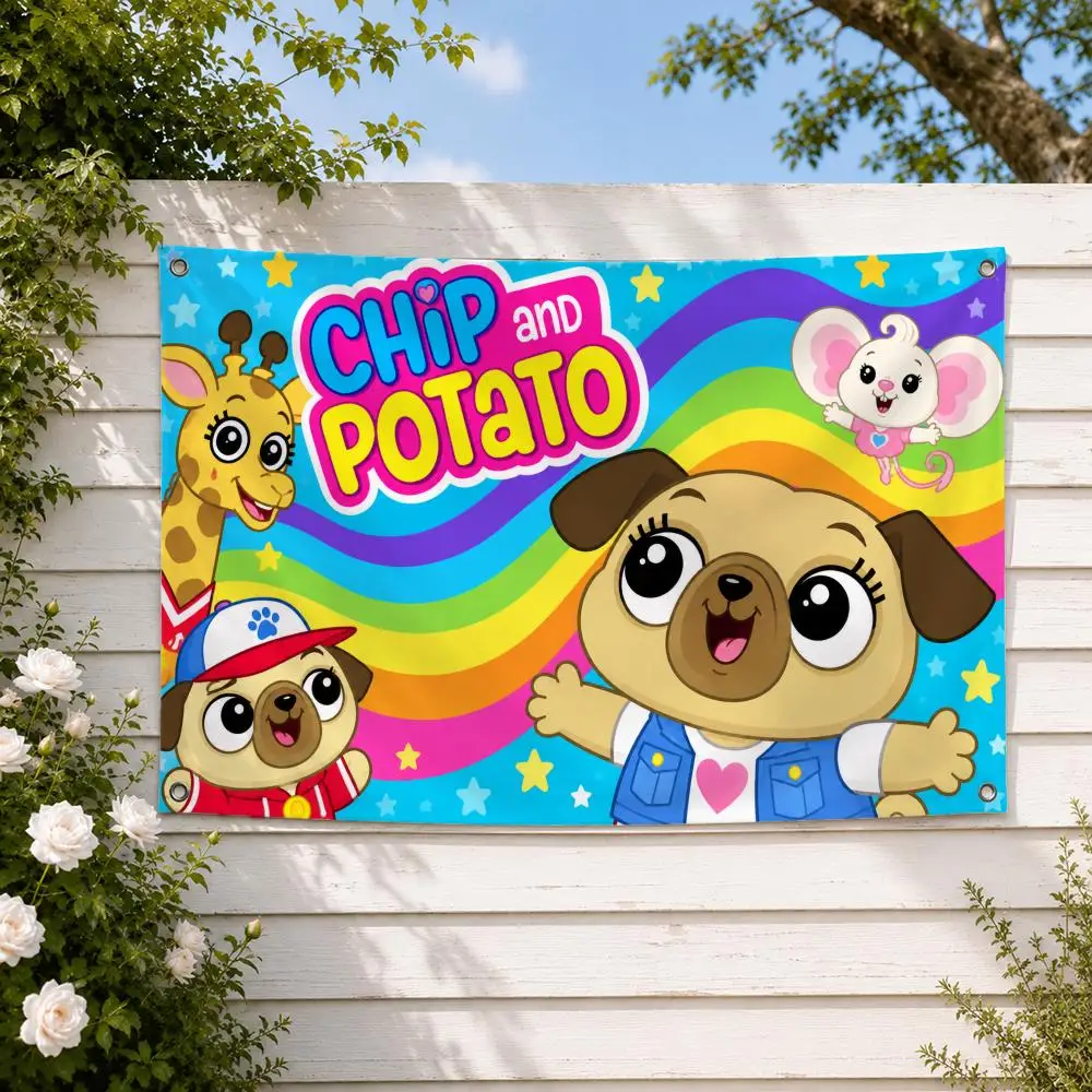 Cartoon Chip and Potato Flags Wall Hanging Banner, Indoor Outdoor Decor for Yard Patio flag