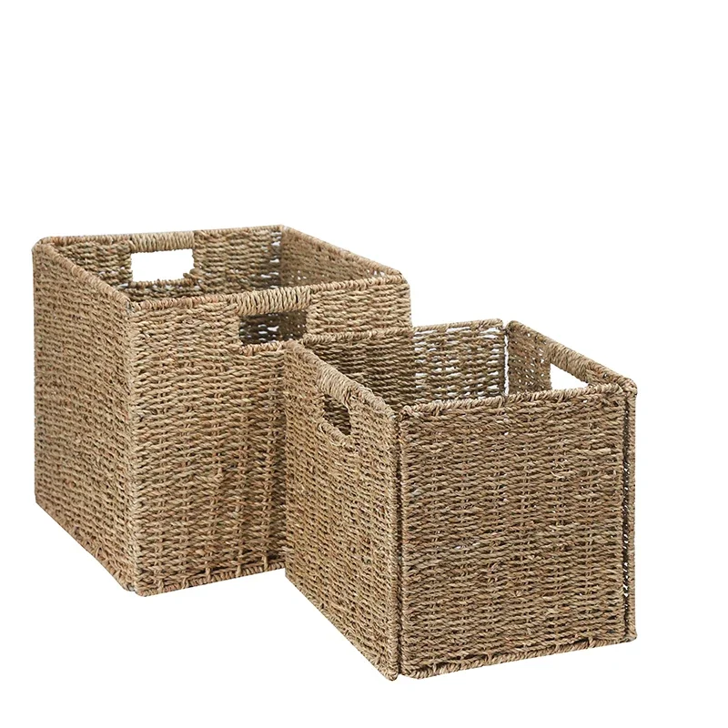 

Square Seagrass Storage Baskets with Handles, Multifunctional Foldable Home Storage Organization