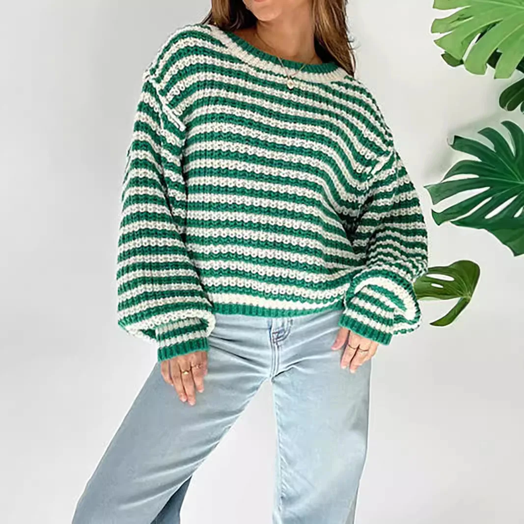 

Autumn and Winter New Retro Striped Knitted Top Round Neck Long Sleeved Outerwear Contrasting Pullover Sweater for Women