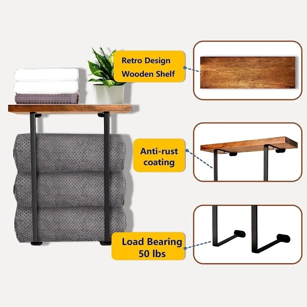 Wall Mounted Double Pole Towel Rack Bathroom Storage Space-Saving Bathroom Storage Rack Metal Wooden Top Towel Rack