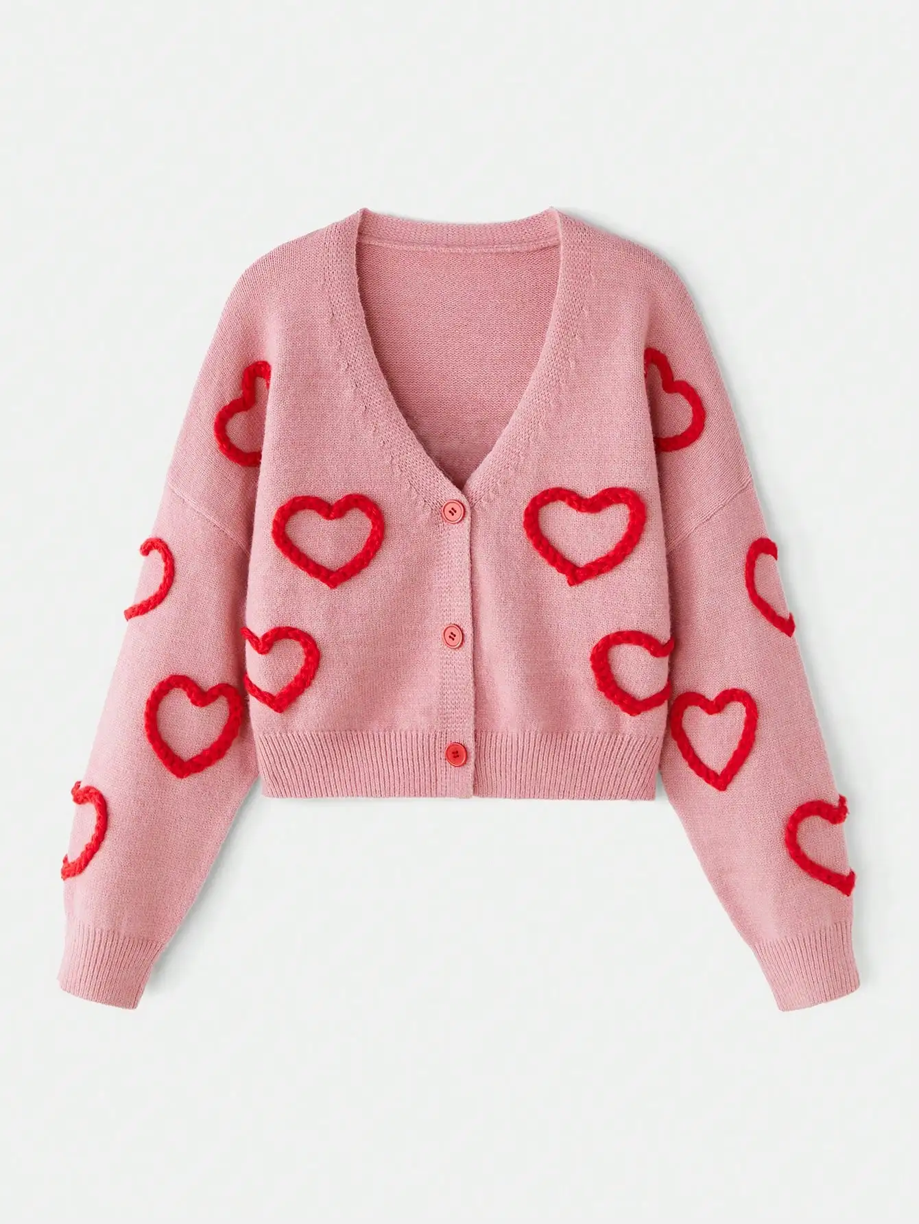 

Розовый вязаный кардиган с вышивкой в виде сердечек, на пуговицах спереди, для женщин, осень-зима