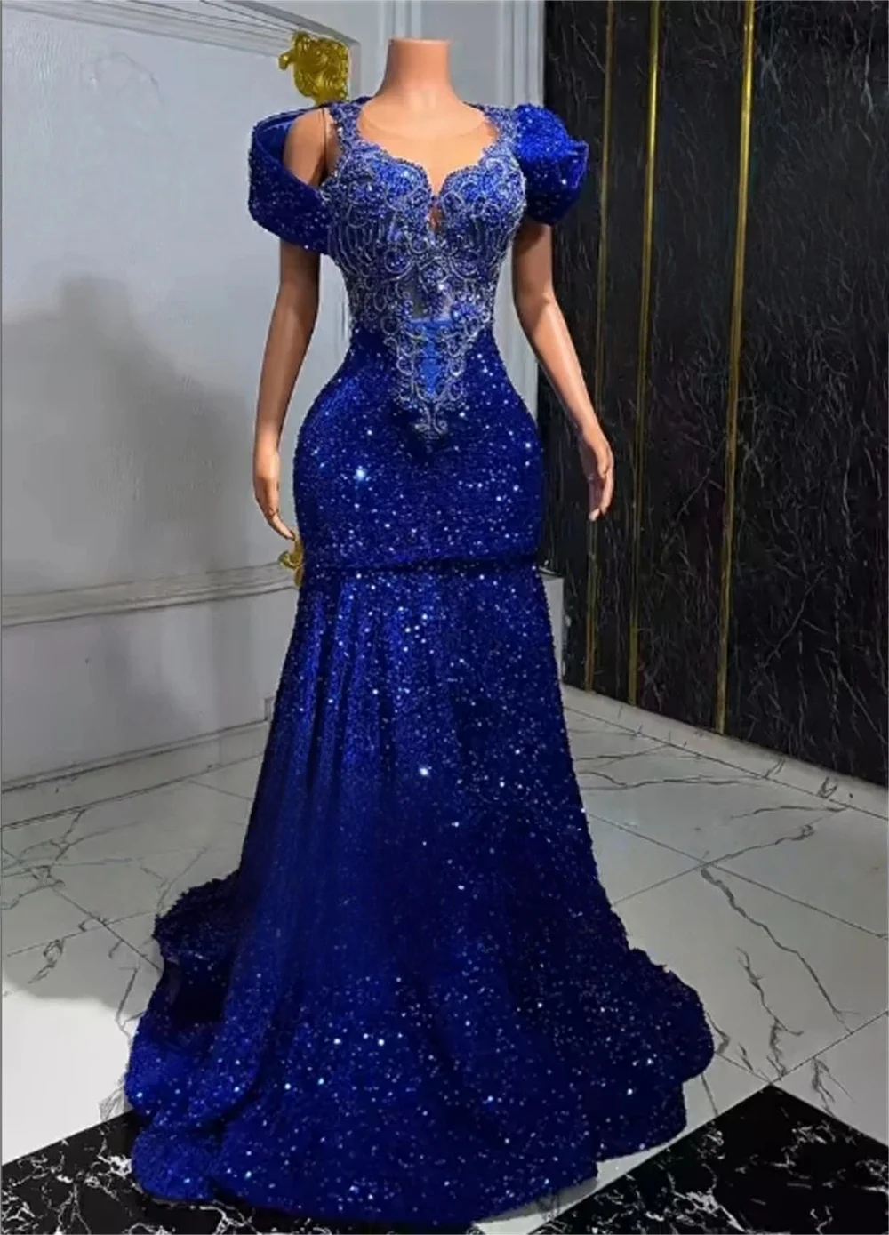 

Royal Blue African American Prom Dresses For Black Girls Sheer Sequins Beaded Aso Ebi Robe De Soiree Evening Gown Customized