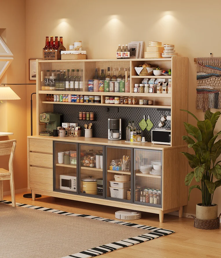 

@￥Solid Wood Tall Sideboard Buffet Cabinet with Glass Doors, Pegboard Organizer & Drawers Freestanding Kitchen Pantry Storage