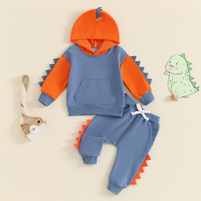 2024-05-27 Lioraitiin Toddler Boy Dinosaur Outfits, Contrast Color Long Sleeve Hoodie Elastic Waist Pants 2 Piece Set for Fall