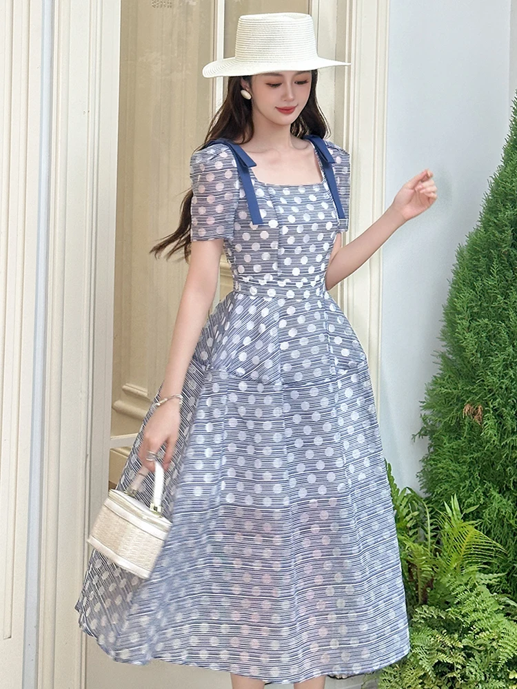 신상 여성 블루 물방울 무늬 원피스 리본 스퀘어넥 슬림 맥시 드레스 우아한 정장 파티 칵테일 비치 레트로 여성복