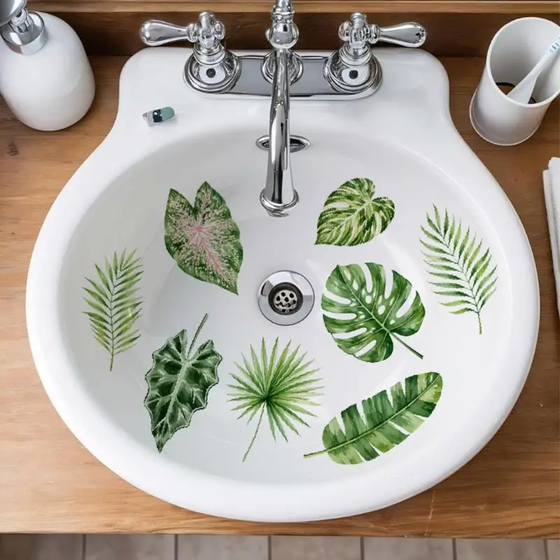 H 1PC Multi-Color Tropical leaves Pattern Waterproof Non-Slip Self-Adhesive Bathroom Decorative Stickers Wash Basin Stickers