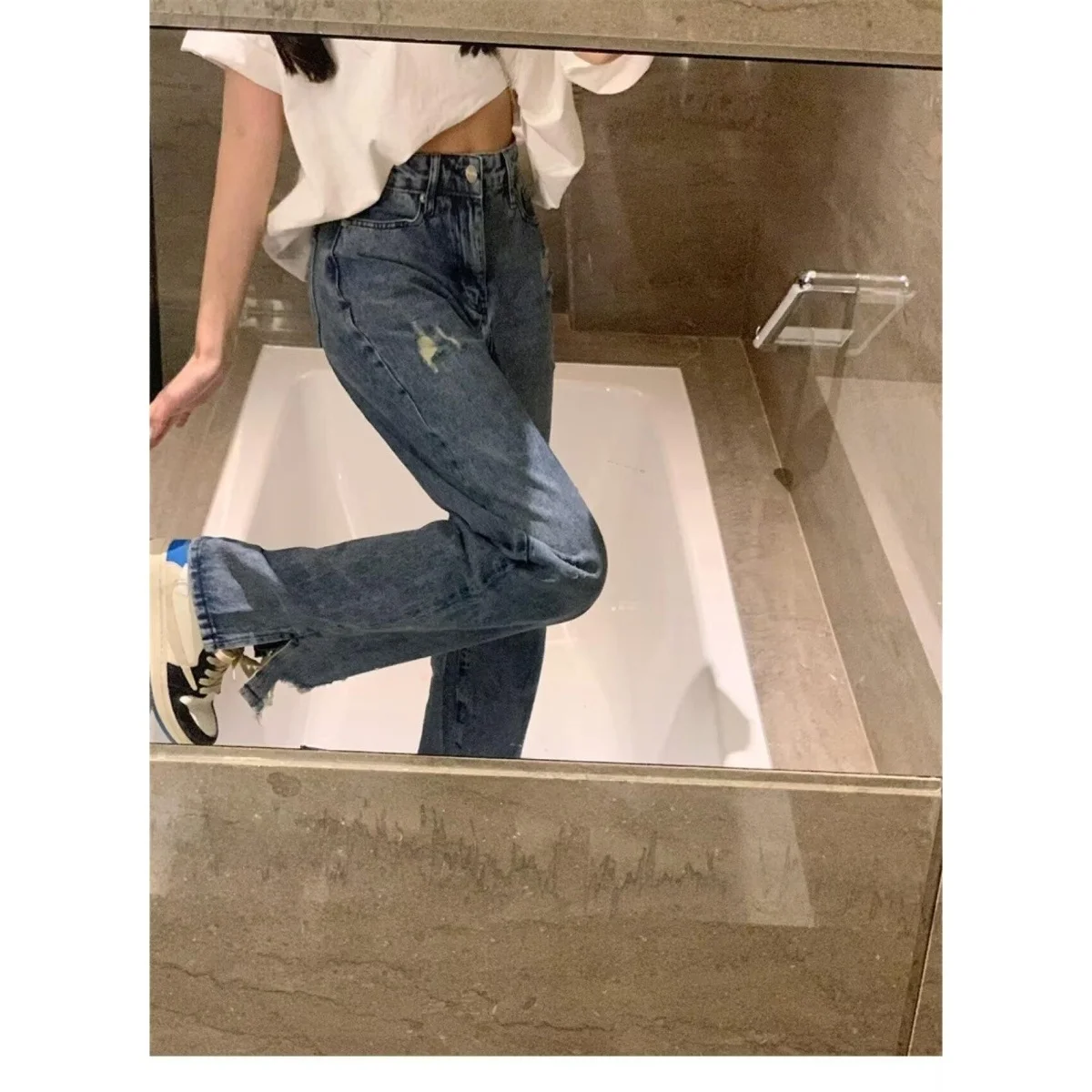 

High Waist Straight Leg Jeans Women plus Size Heart Slit Design Loose Slimming Wide Leg Trousers Trendy Cotton Polyester Blend