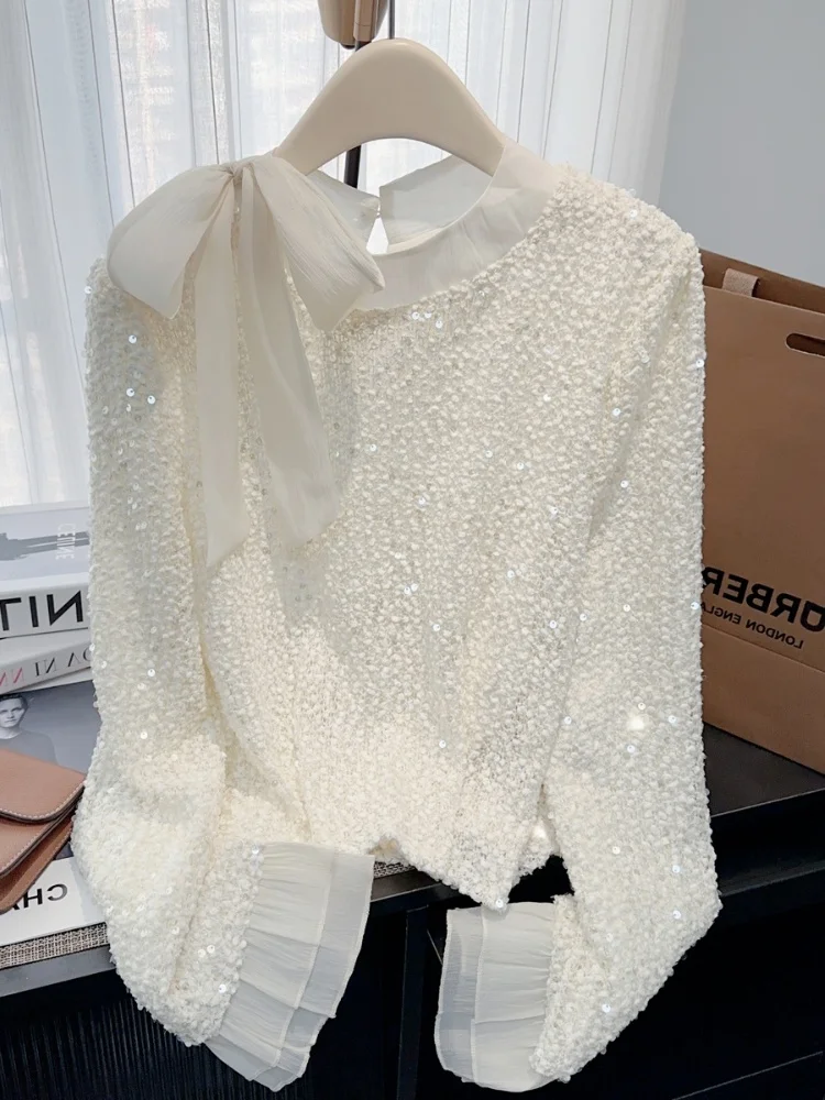

Shiny Long Sleeve Shirt Women's Early Spring High-End Slimming Top Little Fragrance Style Straight Cut Original Design