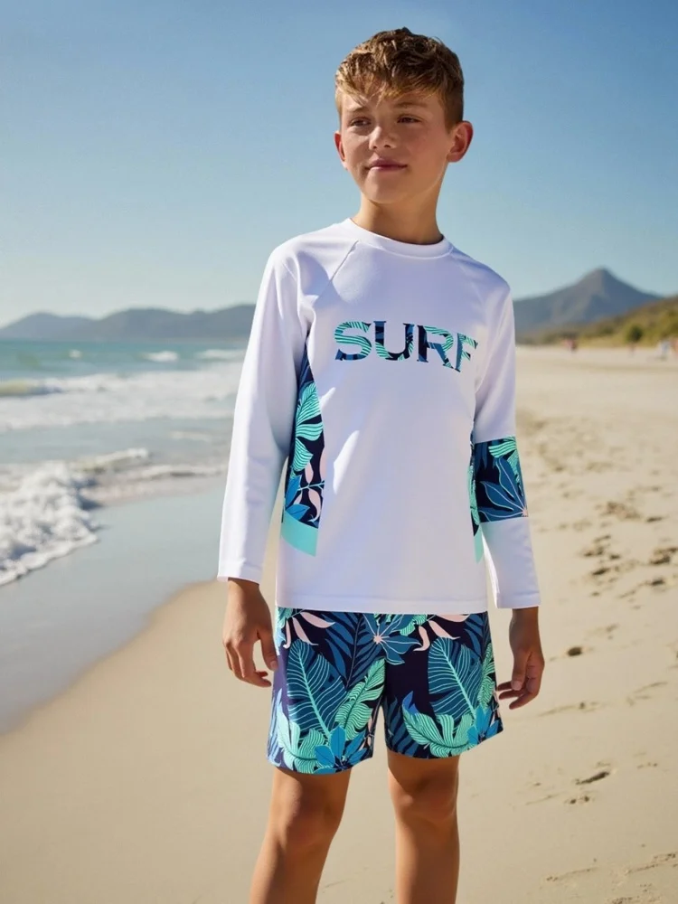 Boy Kids Swimsuit 2026 New Solid Leaves Long Sleeves Children Swimwear Summer Two Piece Shorts Beachwear Bathing Suit Swimming