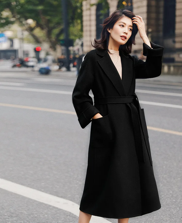 Winter Coat Women Long Water Ripple Cashmere Coat Casual Fashion Loose Camel Wool Coat Black Caramel Tie Coat Green Coat XL