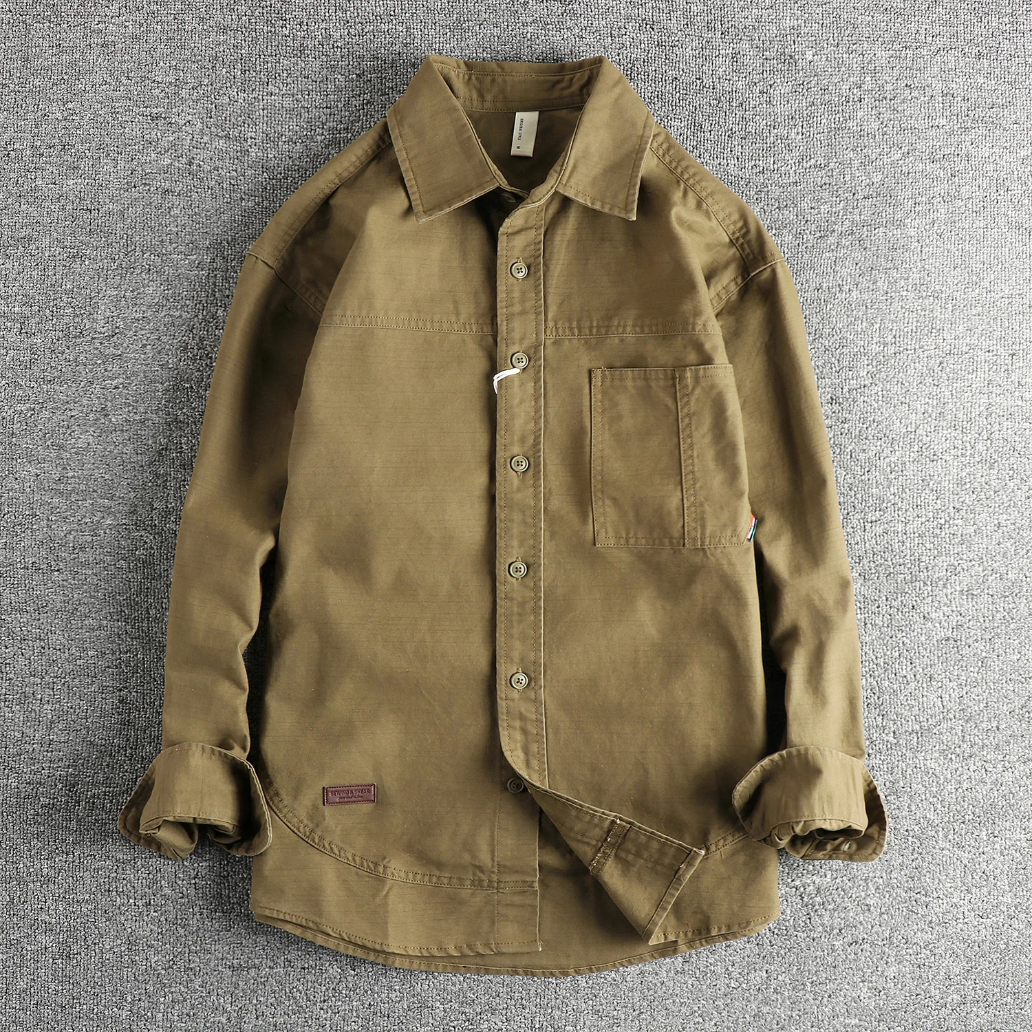 

Spring New Japanese Retro Long Sleeve Lapel Woven Leather Chapter Cargo Shirts Men's Simple 100% Cotton Washed Loose Casual Tops