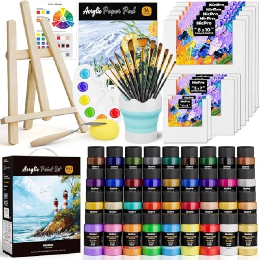 

Acrylic Paint Canvas Set for Adults, 80PCS Art Painting Supplies Kit with 36 Paints 36ML,Table Wood Easel, 10 Canvas Panels, 12
