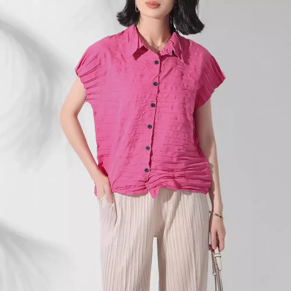 Pleats Pleated Women's New Fashion Simple Shirt Collar Buttons Short Top Design Handmade Pleats Hundred Short-sleeved T-shirt