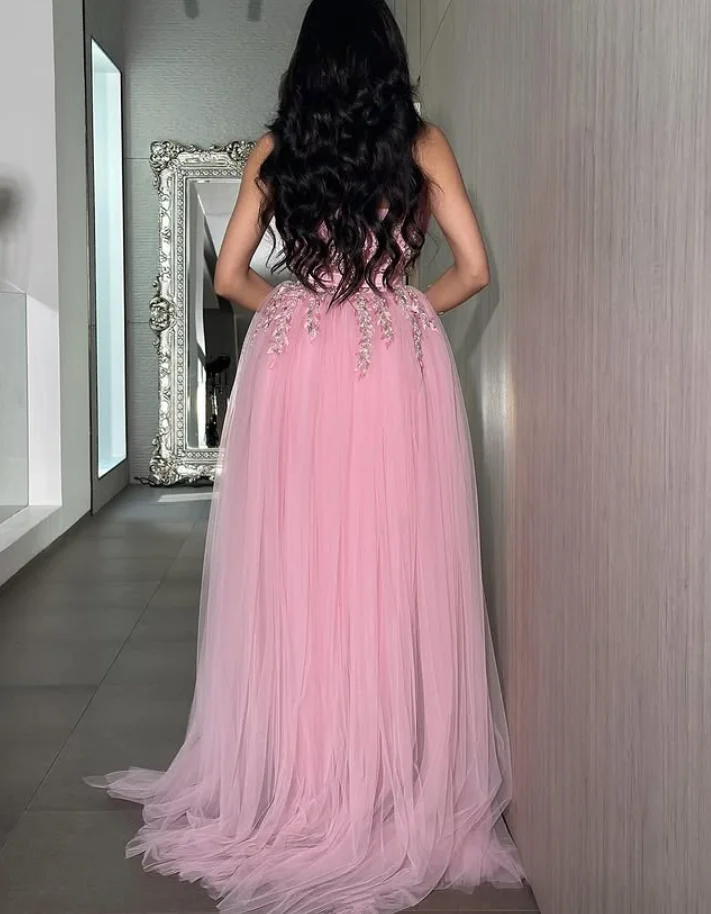 분리 가능한 트레인이 있는 핑크 발목 길이의 아랍어 이브닝 포멀 드레스 크리스탈 스트랩리스 프롬 갈라 가운 맞춤형 저지 베스포크