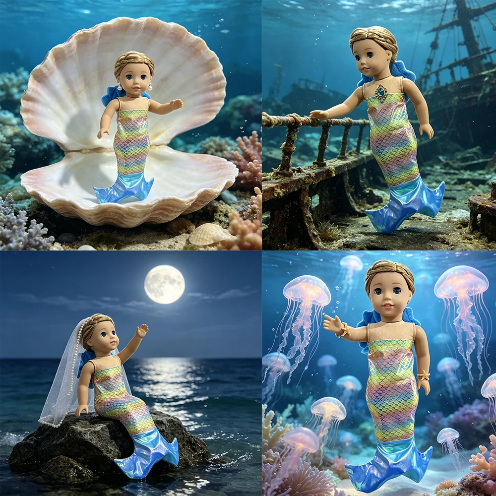 Mermaid set suitable for 18 inch doll girls, mermaid clothing, shoes, bathrobes, eye masks, pillows, dolls with doll accessories