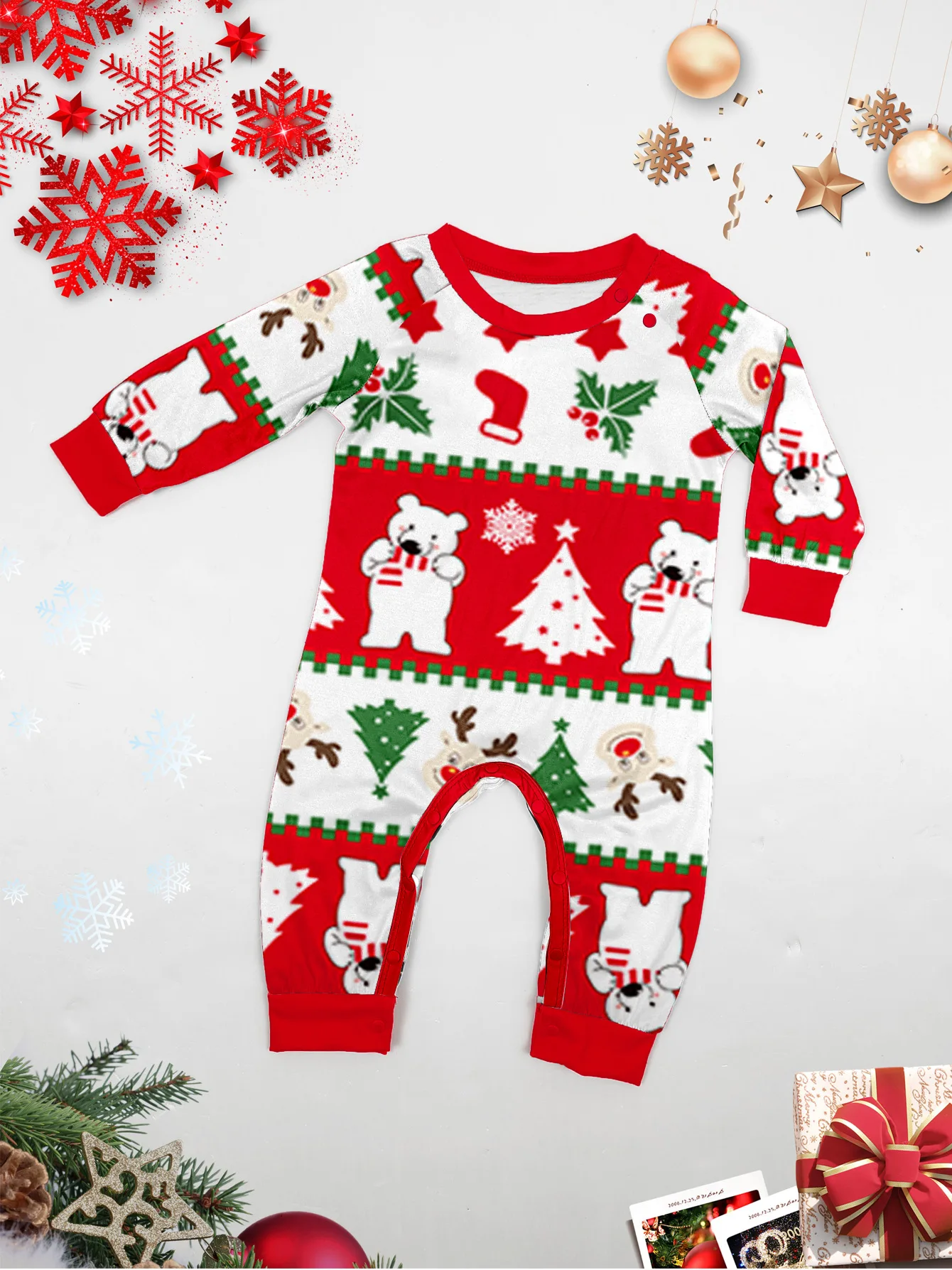 2024 Christmas family set European-style printed golden deer Polar bear family set Pajamas pajama pants 2 sets and baby jumpsuit