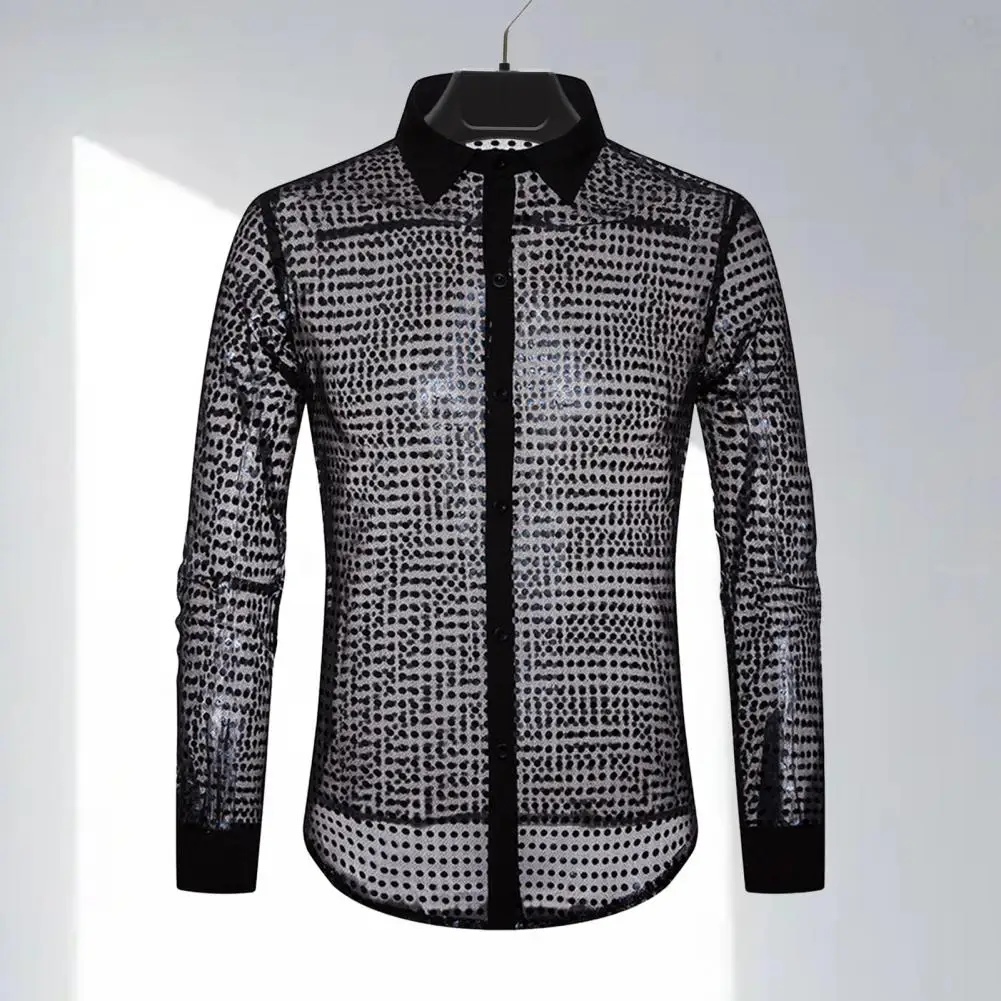 Lapel Long Sleeve Shirt See-through Long-sleeve Shirt Stylish Men's Sequin Embellished Lapel Shirt with See-through Design