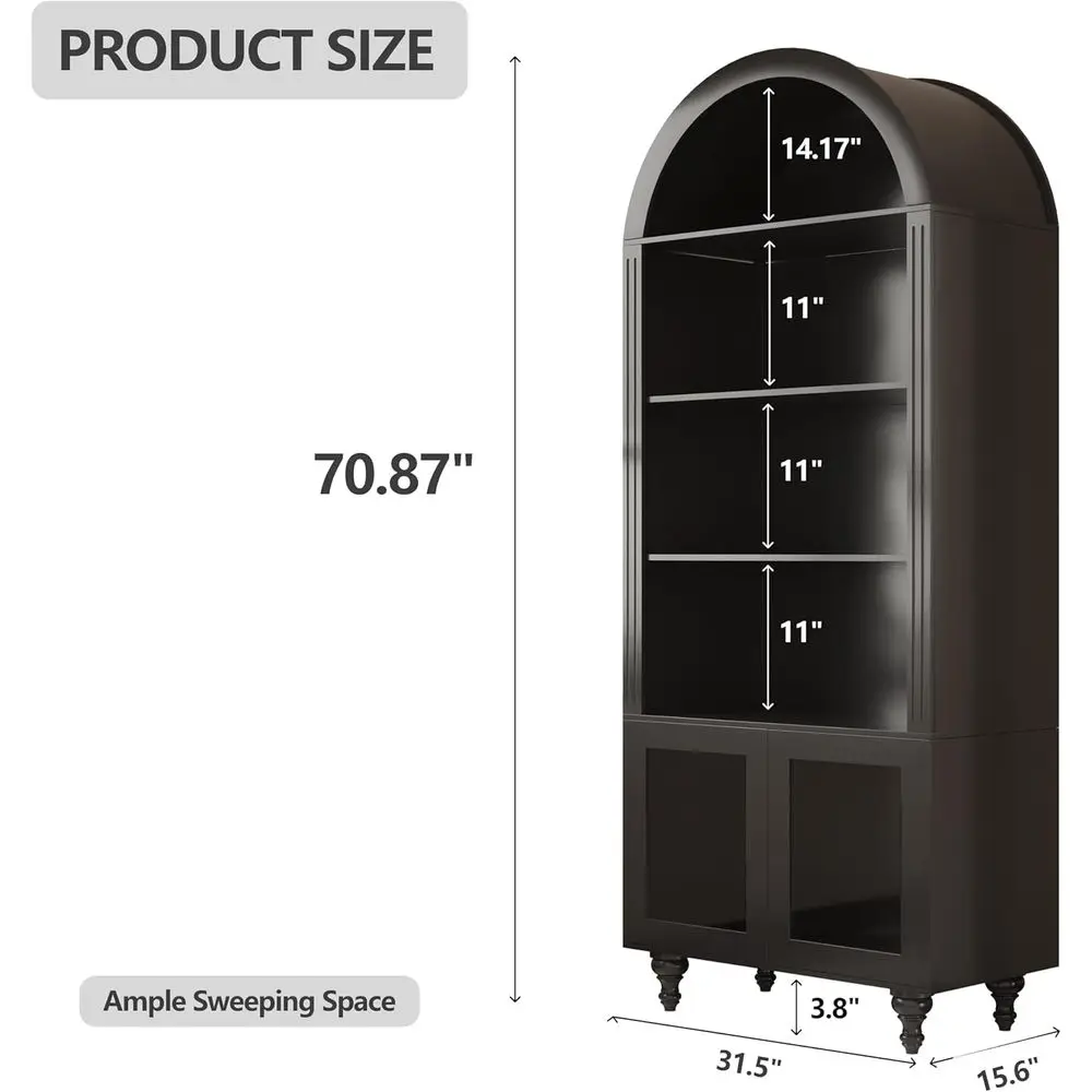 Wooden Arched Display Storage Cabinet with Glass Door, LED Lights,Showcase or Collections, Perume, Vinyl Albums, Bookcase or Hom view 2