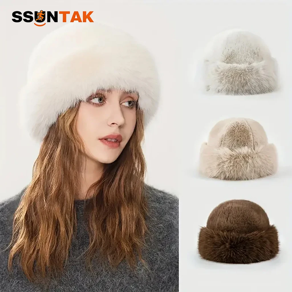 SSUNTAK Women Mongolian Hat Winter Windproof Warm Fisherman Bucket Hat Ethnic Style Fluffy Plush Hat Ear Protection Headwear