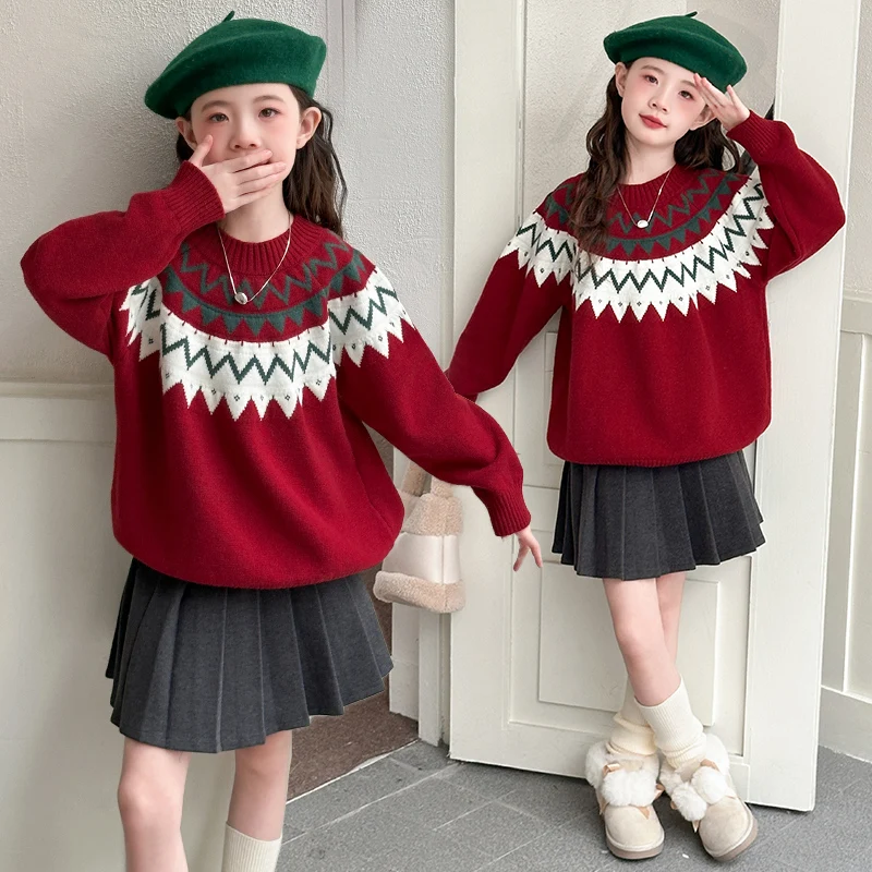 

autumn winter teen girls new years red jacquard sweater junior kids Christmas Knitted Top child clothes 4 6 8 10 12 14