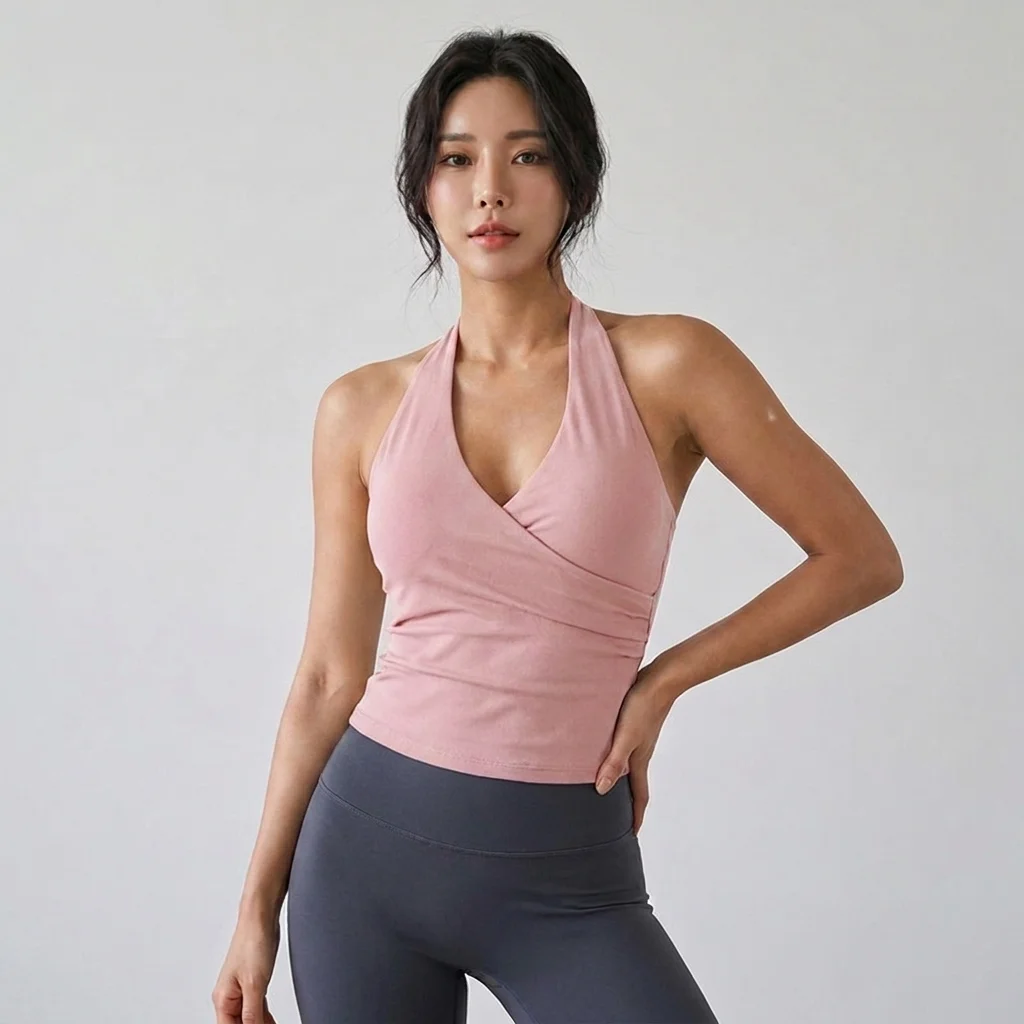Damen Sexy V-Ausschnitt Nude Sport-BH mit Neckholder, Atmungsaktives Gym-Top, Activewear, Fitness-Yoga-Top, Neckholder-Design, Yoga-BH – Detail 4