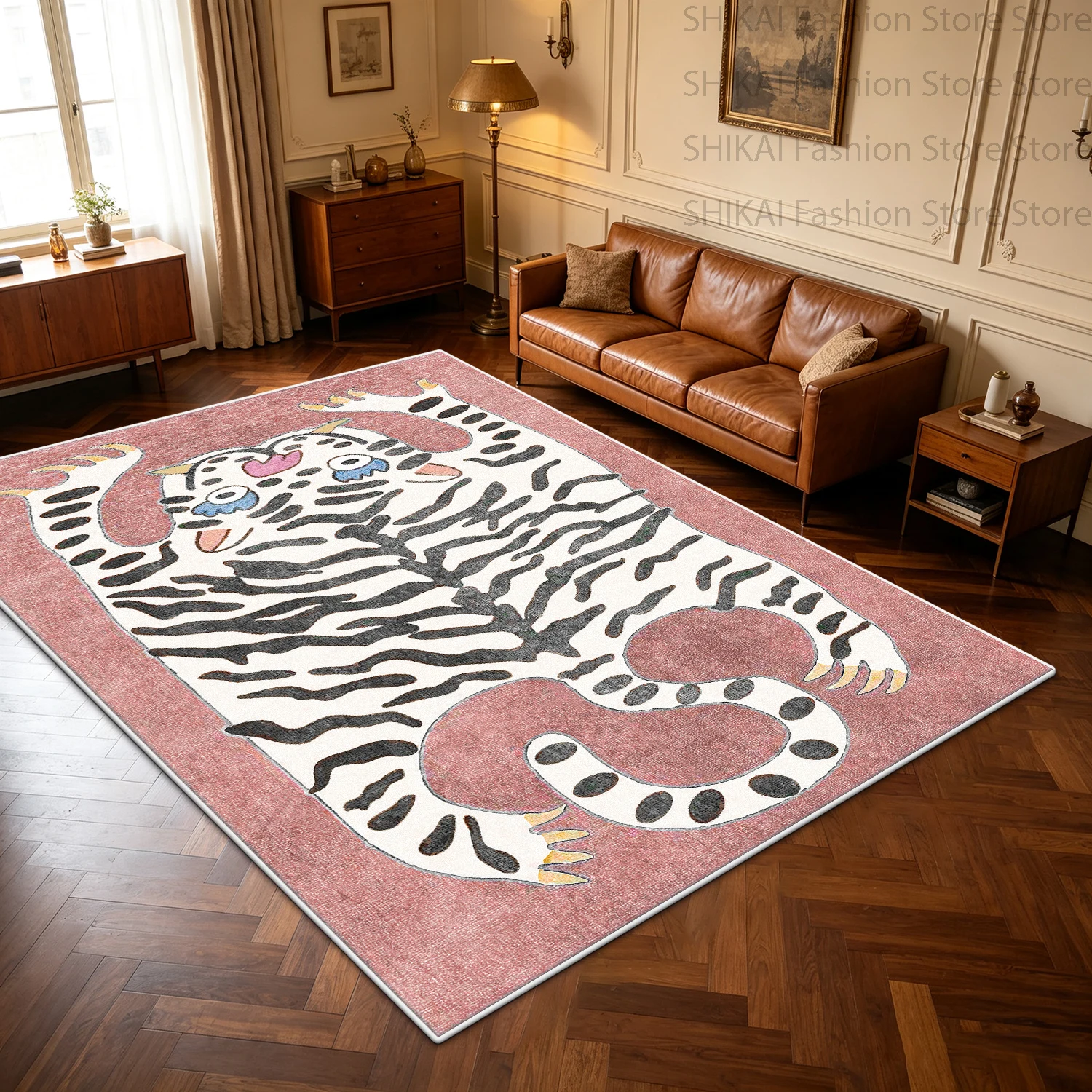 Retro Cartoon Tiger Print Room Carpet Short Velvet Easy Clean Gaming Room Rug Non‑Slip Floor Mat Living Room Home Decoration