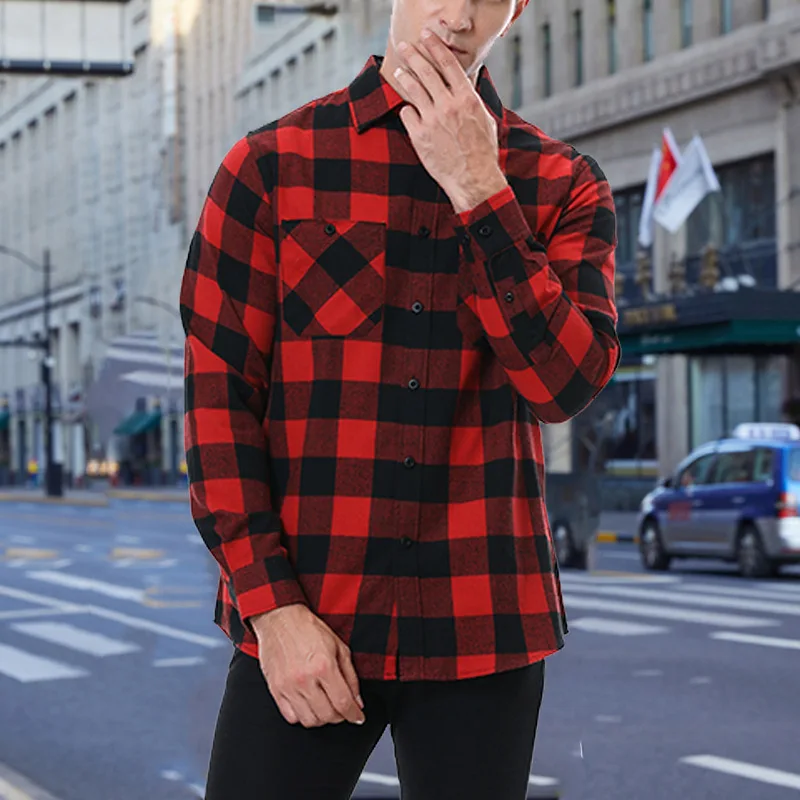 2023New Men Casual Plaid Flannel Shirt Long-Sleeved Chest Two Pocket Design Fashion Printed-Button