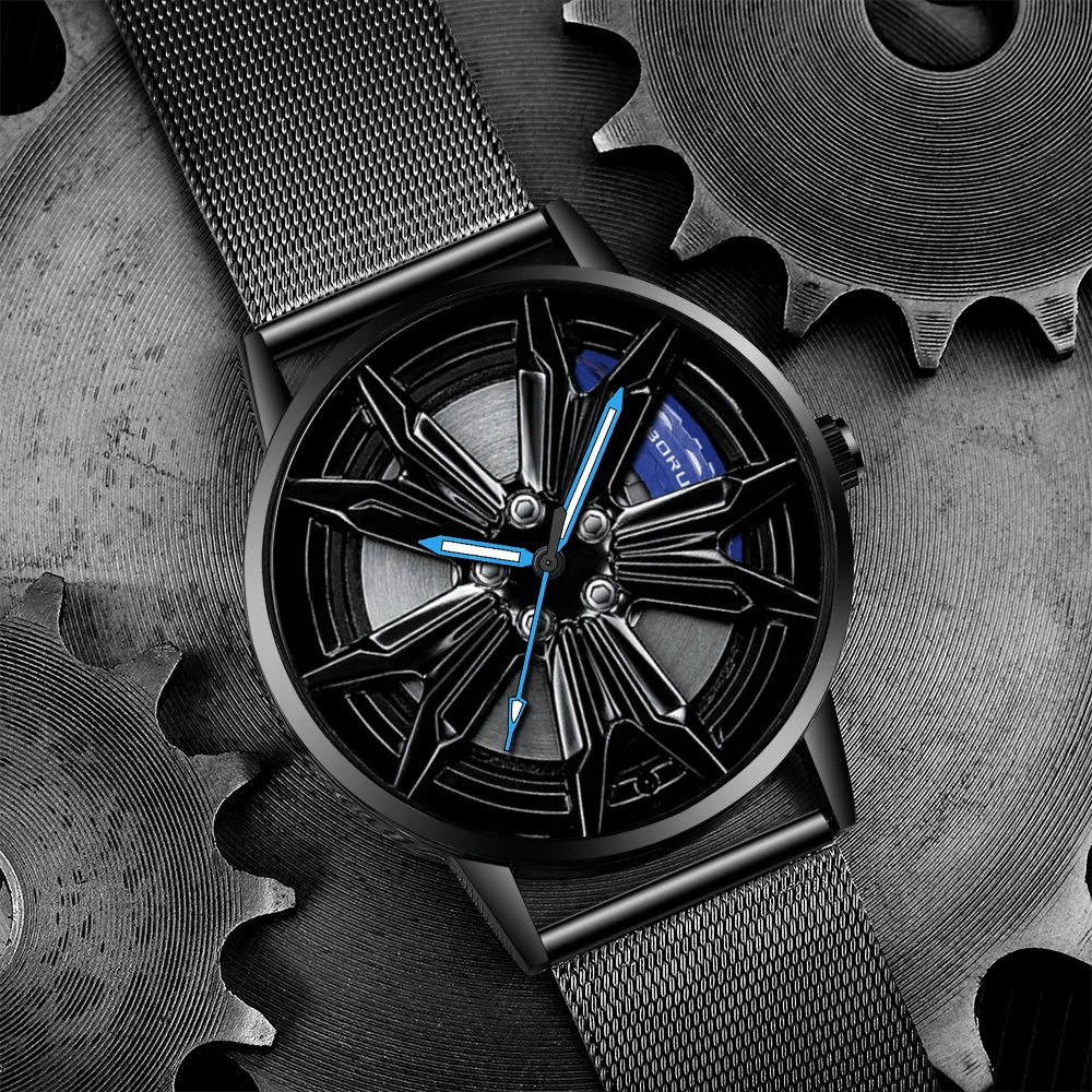 BORUSE Fashion Mens Car Wheel Watches Mesh Belt Waterproof Watch Men Quartz Wristwatch Luminous Clock relogio masculino