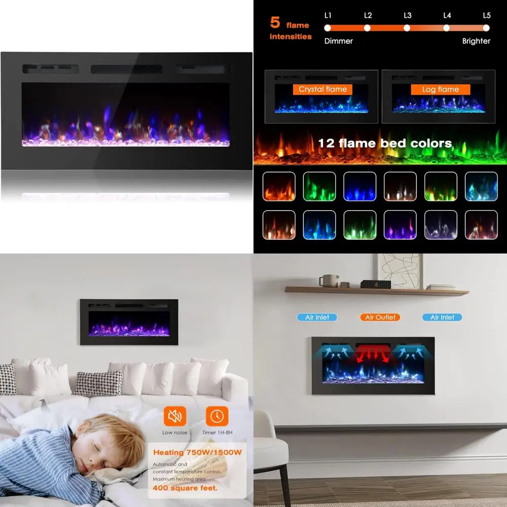 

36 отдельностоящих электрических каминов с 12 цветами пламени, регулируемой мощностью и температурой, пультом дистанционного управления, 750/1500 Вт, журнал и Cr