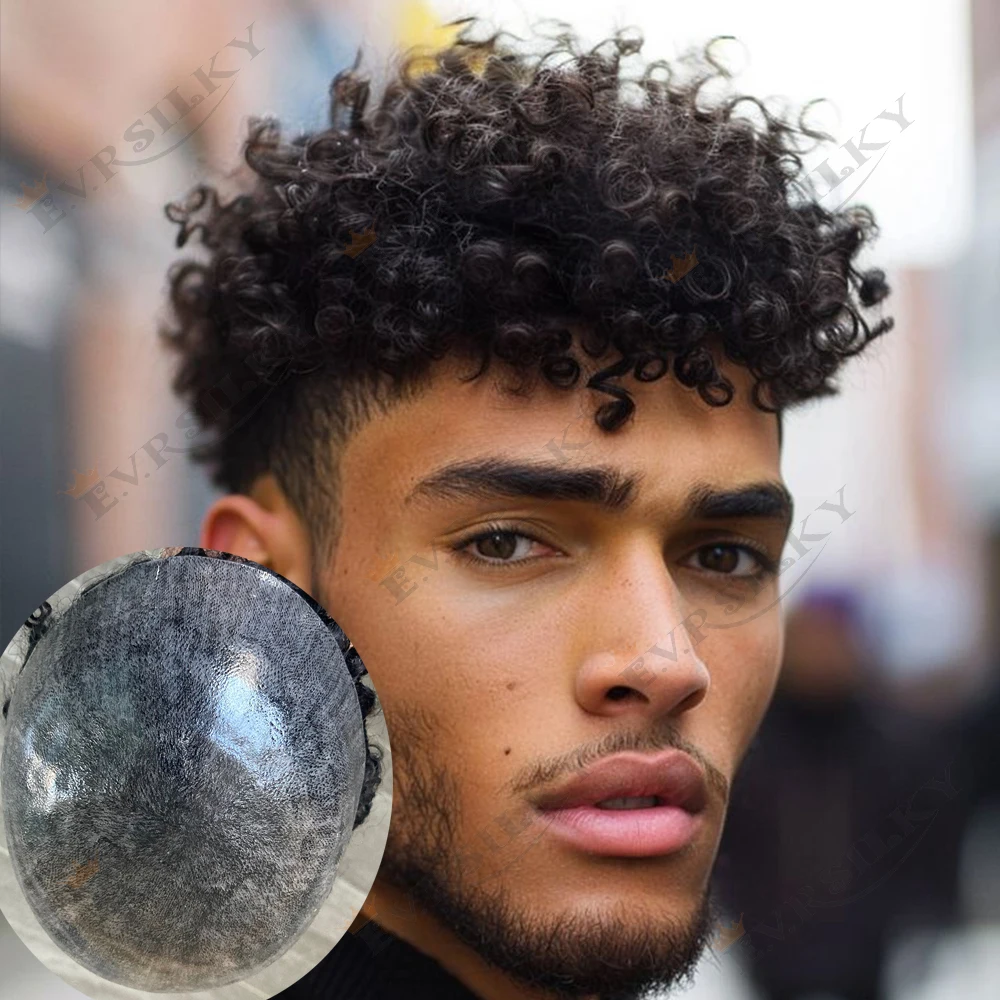 

Afro 15mm Curly Grey Black 1B40 Toupee For Men Human Hair African American Wigs Invisible Skin Pu Replacement System Prosthesis