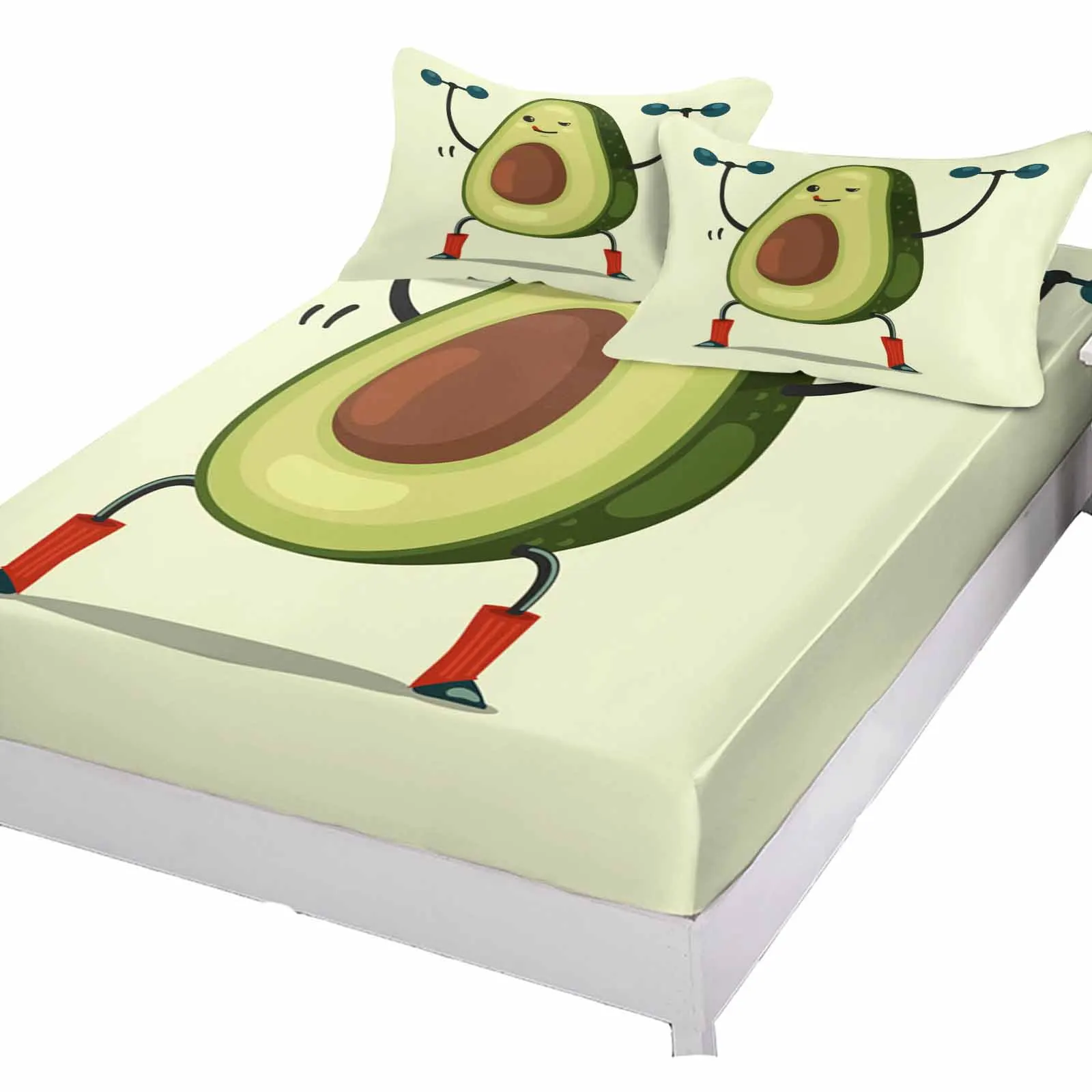 Avocado Barbell Cute Queen Size Bed Mattress Fitted sheet Elastic Rubber Band Non-slip Bed Sheet Pillowcase Set