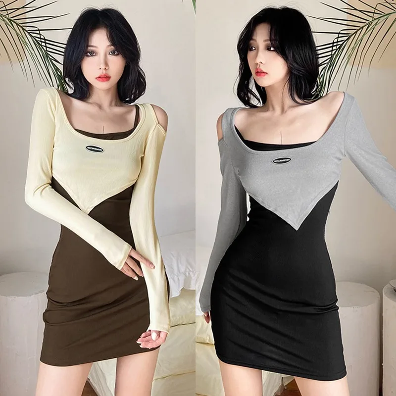 

Hollow Out Women's Dress Color Contrast Slim Fashion Casual Splicing Long Sleeves Skirt