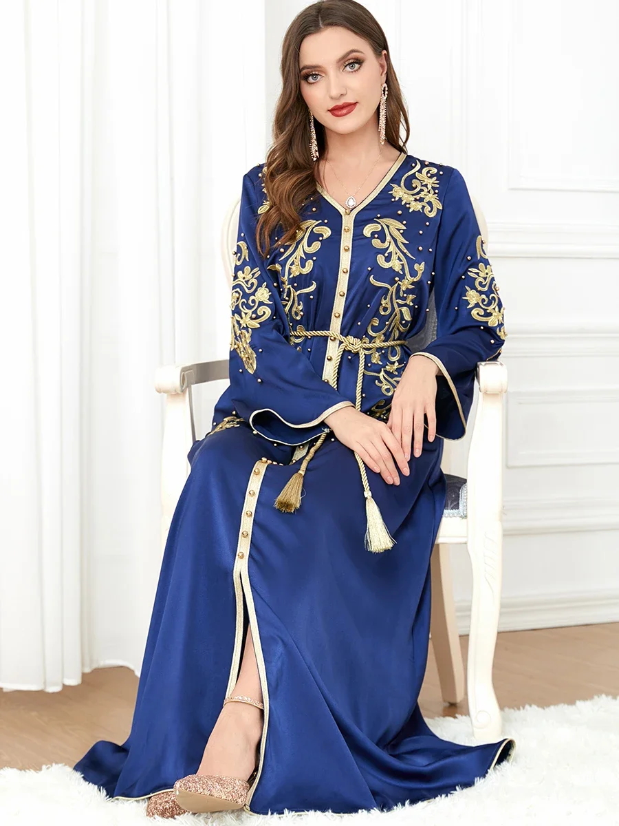 Morocco Dress Women Embroidery Muslim Abaya Fashion Dubai Abayas Ramadan Belted Kaftan Elegant Party Dresses Vestidos Spring