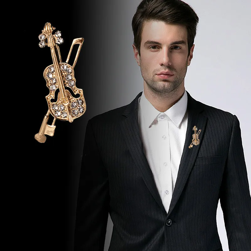 Korean Fashion Metal Crystal Violin Brooch Jewelry Luxury Music Equipment Classic Lapel Pins Gifts for Teacher Men Accessories