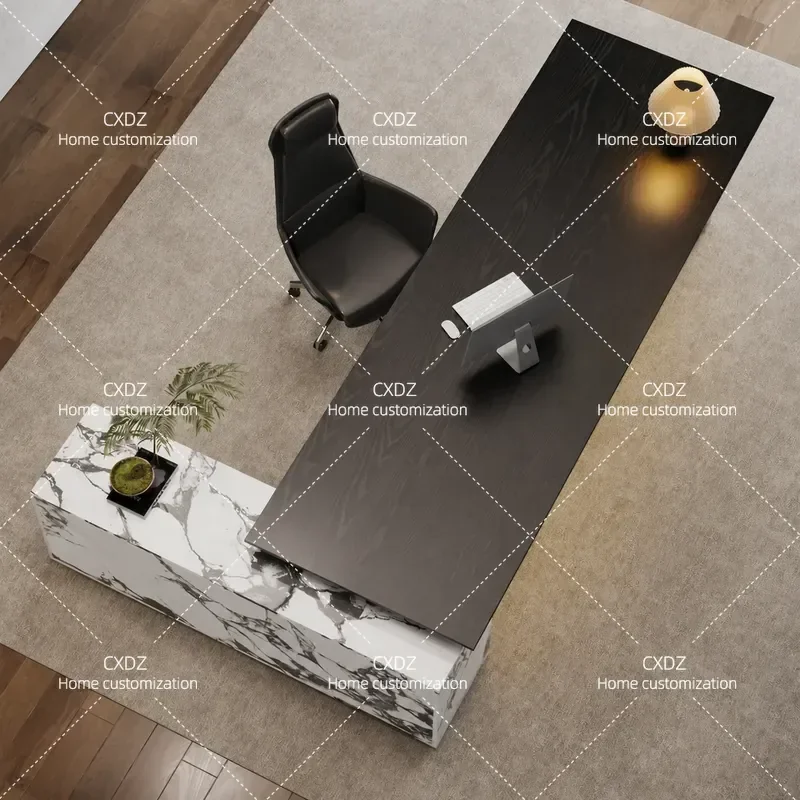 Black Minimalist Solid Wood Executive Desk with Integrated Tea Table Modern Light Luxury Office Furniture for Manager
