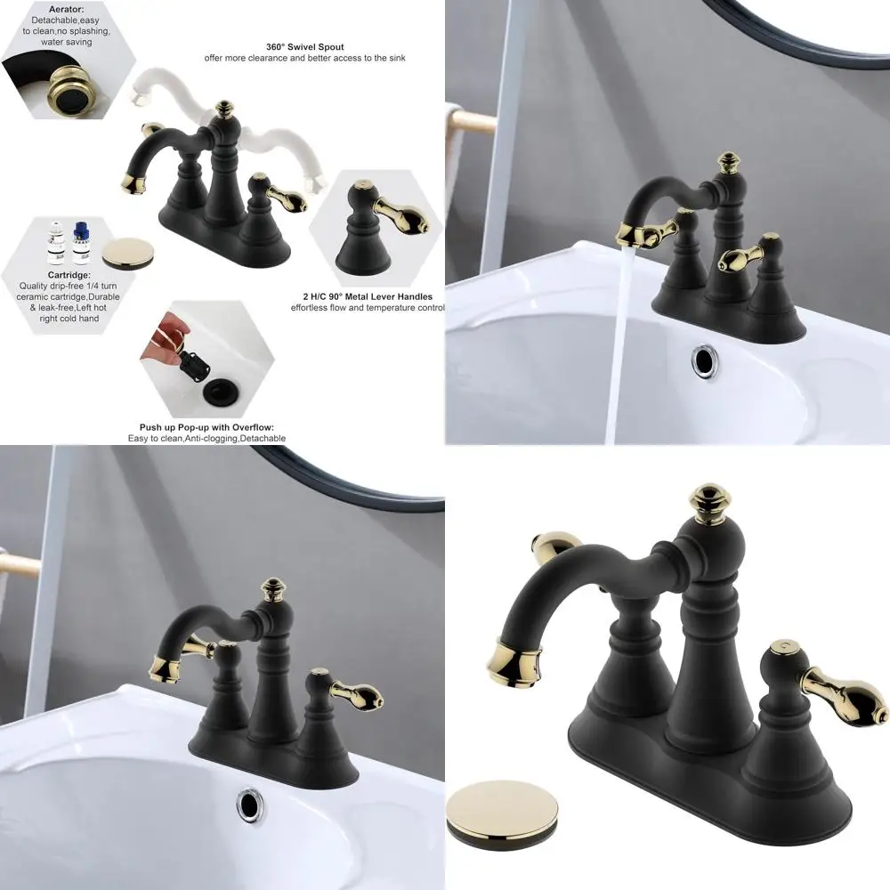 

3 Hole Matte Black Bathroom Sink Faucet with Polished Brass Trim, 360° Swivel Spout, 4 Inch Centerset, Overflow Pop-up Drain, Mo