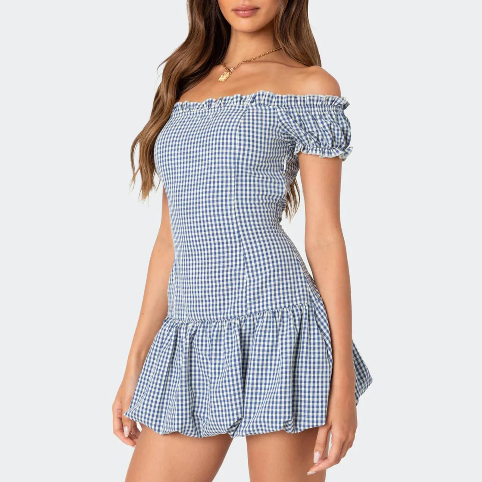 hirigin Womens Off Shoulder Mini Party Dress Trendy Plaid Puffball Short Sleeve Tube Top Dress Summer Fairy Short Dress