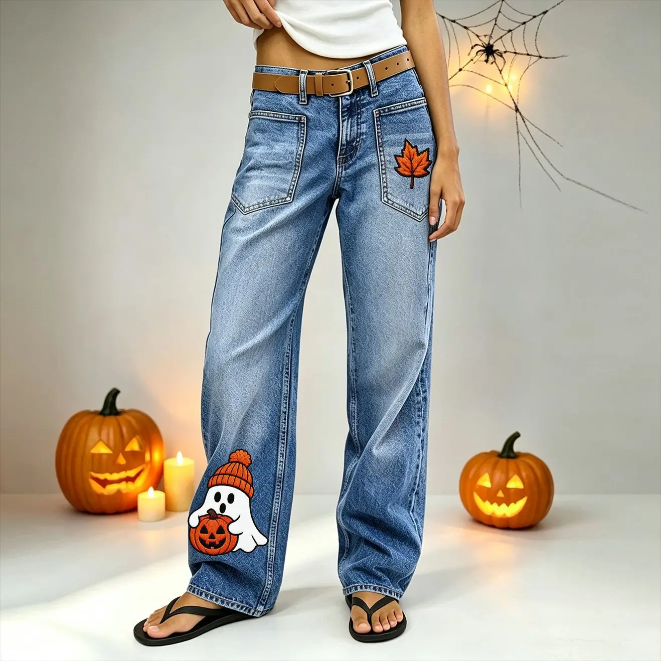 Women's Retro High-Waisted Straight Leg Cotton Jeans Loose Fit Pumpkin Color Foreign Trade Pants