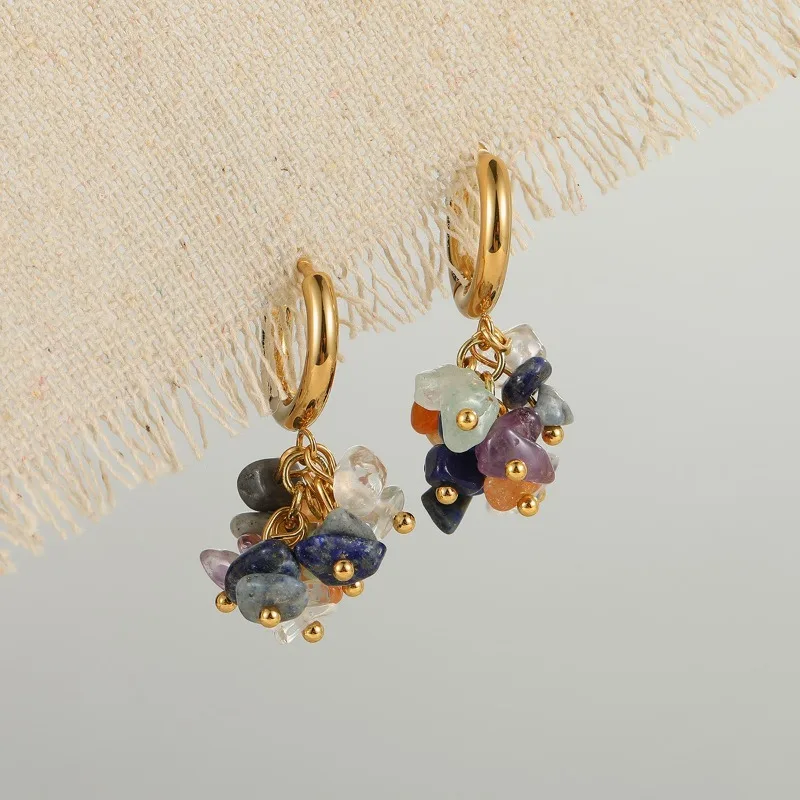 Colorful Raw Stone Hoop Earrings Gold Huggie Natural Crystal Cluster Charm Boho Healing Jewelry Gift For Women