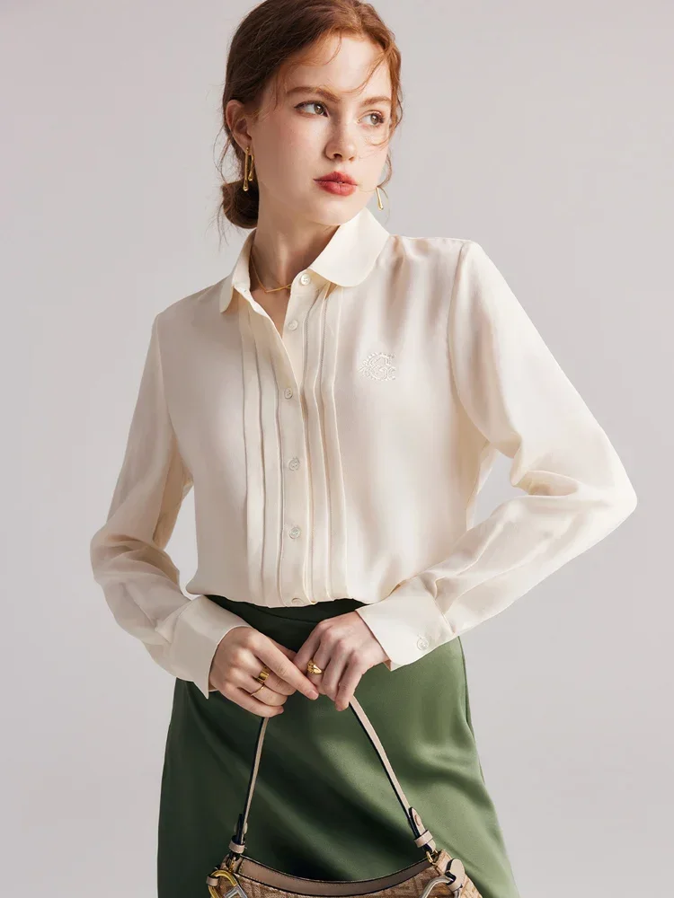 Women Dress Shirts 100%Silk Crepe De Chine Single Breasted Solid Blouses 2023 Spring Summer Office Lady Top