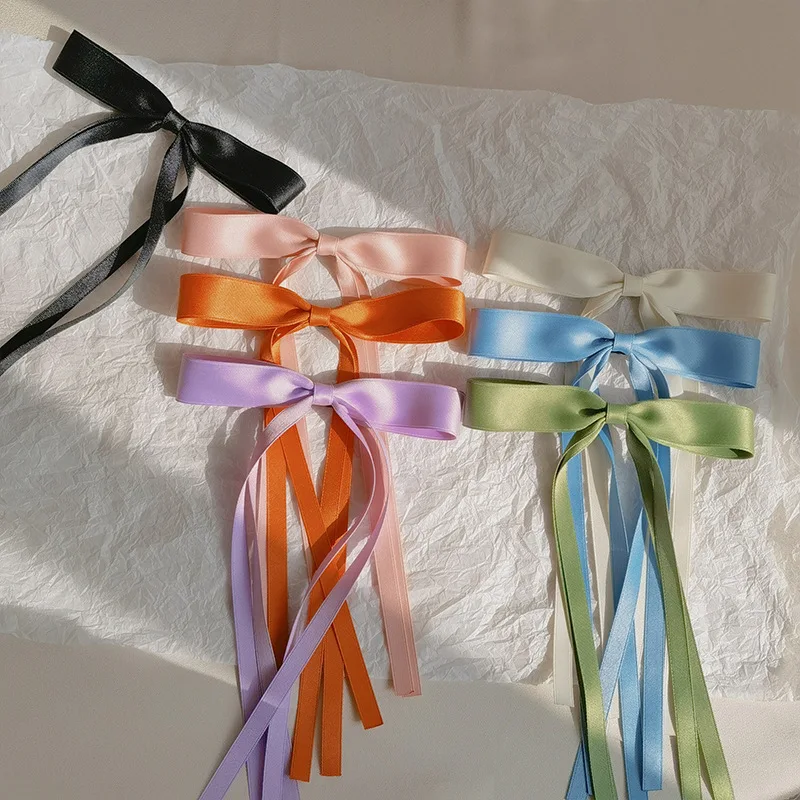 

Cute Solid Color Long Tassel Satin Ribbon Bow Hair Clips Women Girls Long Tails Hair Bow Hairpins Long Bow With Alligator clips