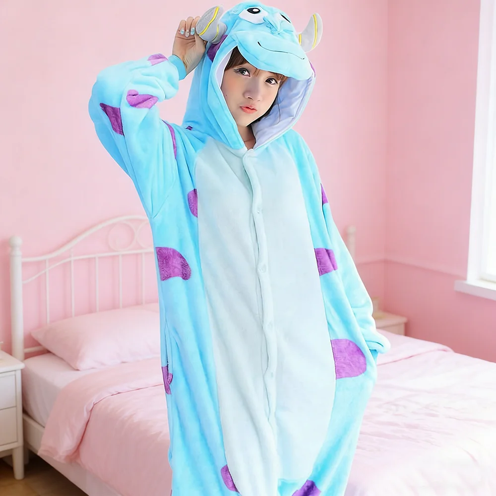 Anime Coral Fleece Pajamas Cartoon Jumpsuit Blue Bull Onesie Sleepwear Adult Home Clothes Halloween Animal Plush Cosplay Costume