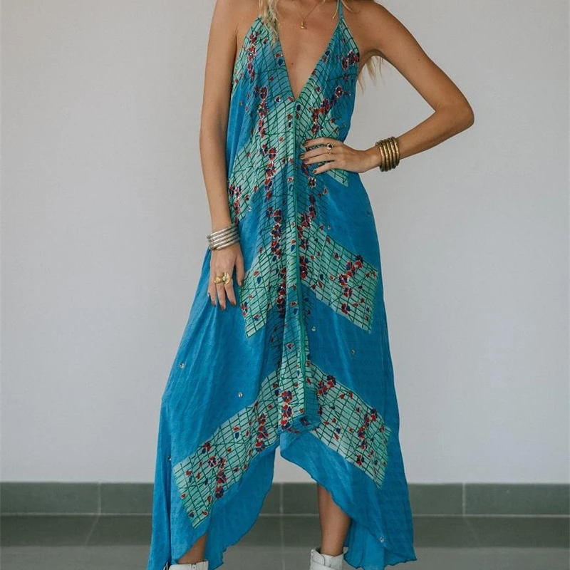 Backless Hollow-Out Holiday Long Dress V-Neck Sleeveless Irregular Hem Floral Print Suspender Style For Women Beach Party Summer