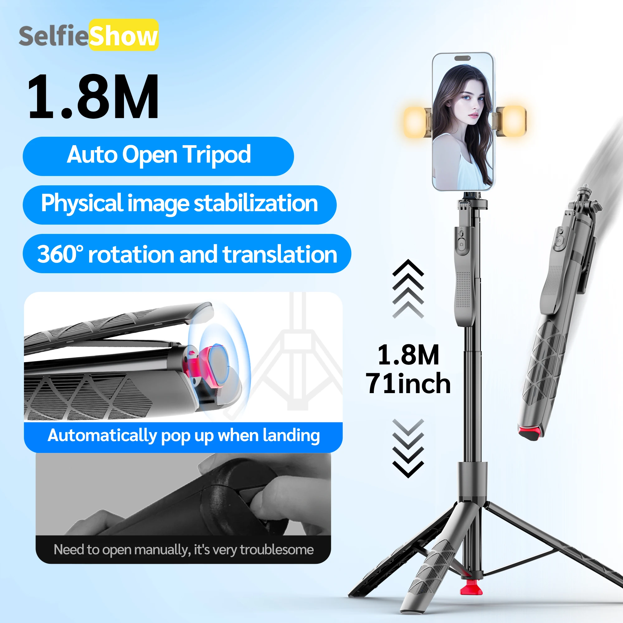 

Selfieshow L16-TT Auto Pop Up Tripod 66.9'' Selfie Stick for Moible Phone Shooting 1/4'' Screw for Camera Option Fill Light