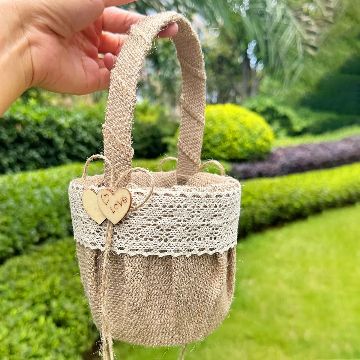 Vintage Forest-Style Linen Lace Wedding Set: Flower Girl Basket + Heart-Shaped Wooden Sign Ring Pillow, Wedding Ceremony Supplies