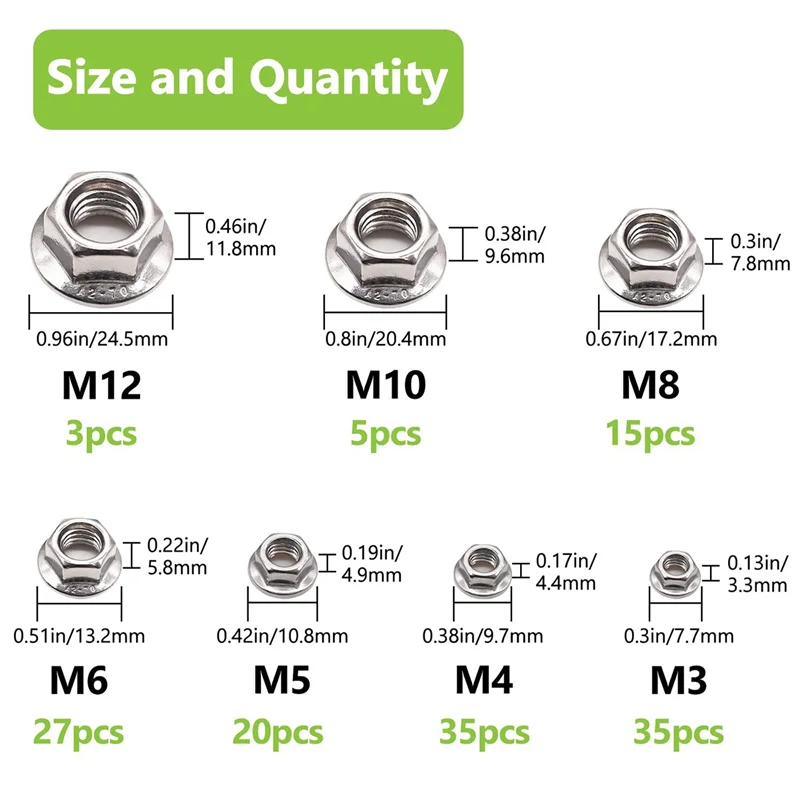 

【NEW】140PCS 304 Stainless Steel Hex Flange Nuts Assortment Kit, 7 Metric Sizes M3 M4 M5 M6 M8 M10 M12 Q-057-BOX