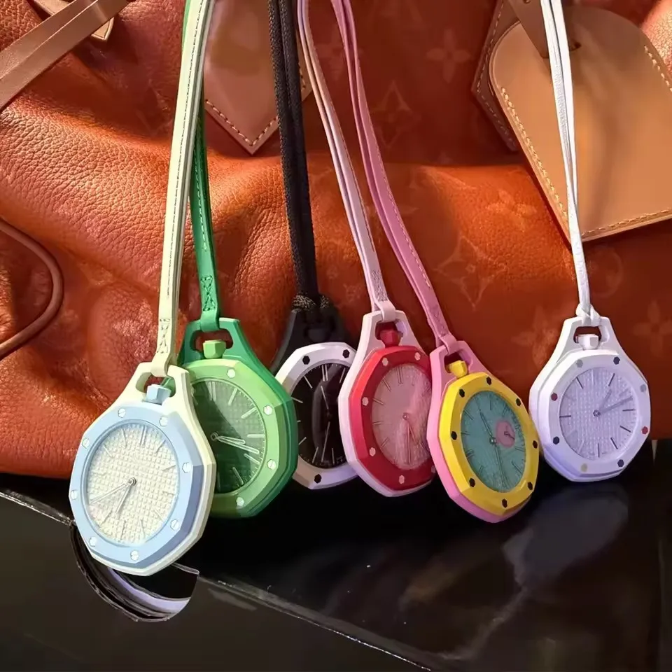 New Pocket Watch Pendant Men's and Women's Colored Candy Octagonal Quartz Movement Leather Lanyard Casual Fashion Style Gifts