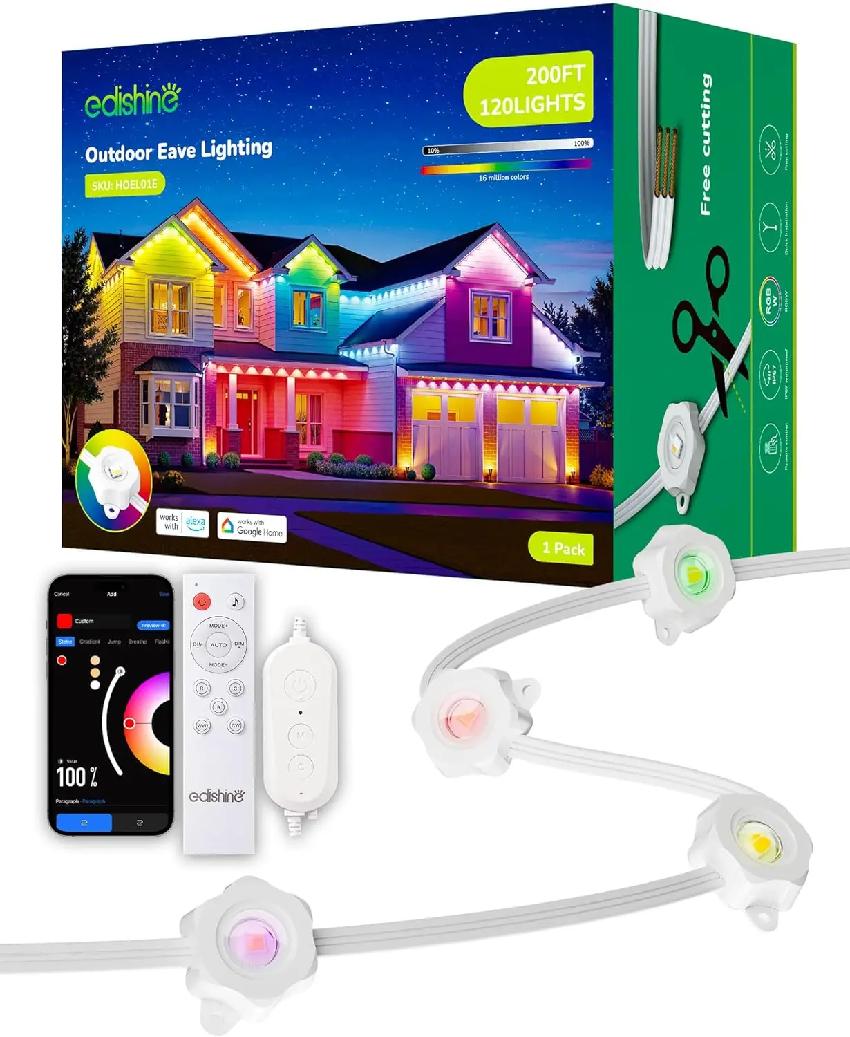 

Умные уличные светильники 200 футов, 120 светодиодов RGB+теплый белый, управление через приложение/голос/пульт, водонепроницаемость IP67 для домашнего декора